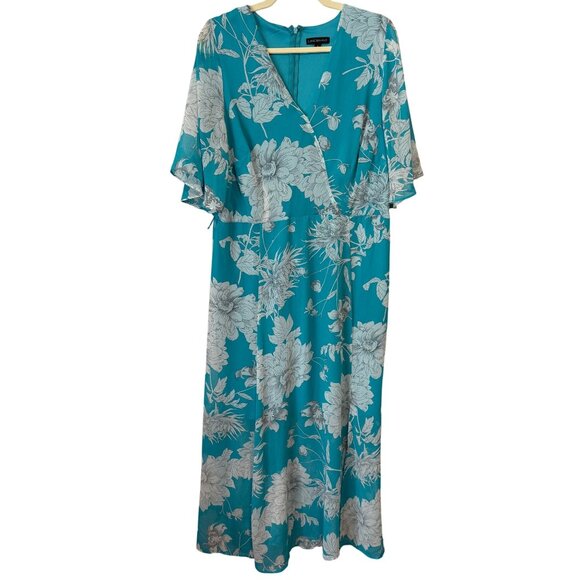 Lane Bryant Womens Floral Maxi Dress Turquoise White Size 14 Short Sleeves VNeck - Picture 1 of 8